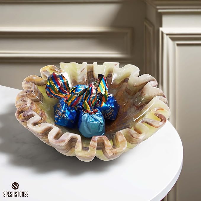 Marble Small Decorative Bowl 6 Inch Handmade Green Onyx Ruffle Bowl, Scalloped Bowls for Table Centerpieces & Gifts, Fluted Ring Dish, Fruit & Key Bowl for Entry Table