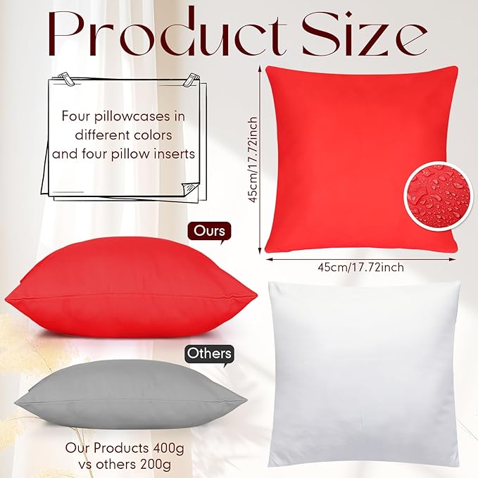 Colingmill 4 Set Waterproof Red Outdoor Throw Pillow Covers with 4 Pillow Inserts 18x18 Inch Decorative Waterproof Throw Cushion for Sofa Couch Home Patio