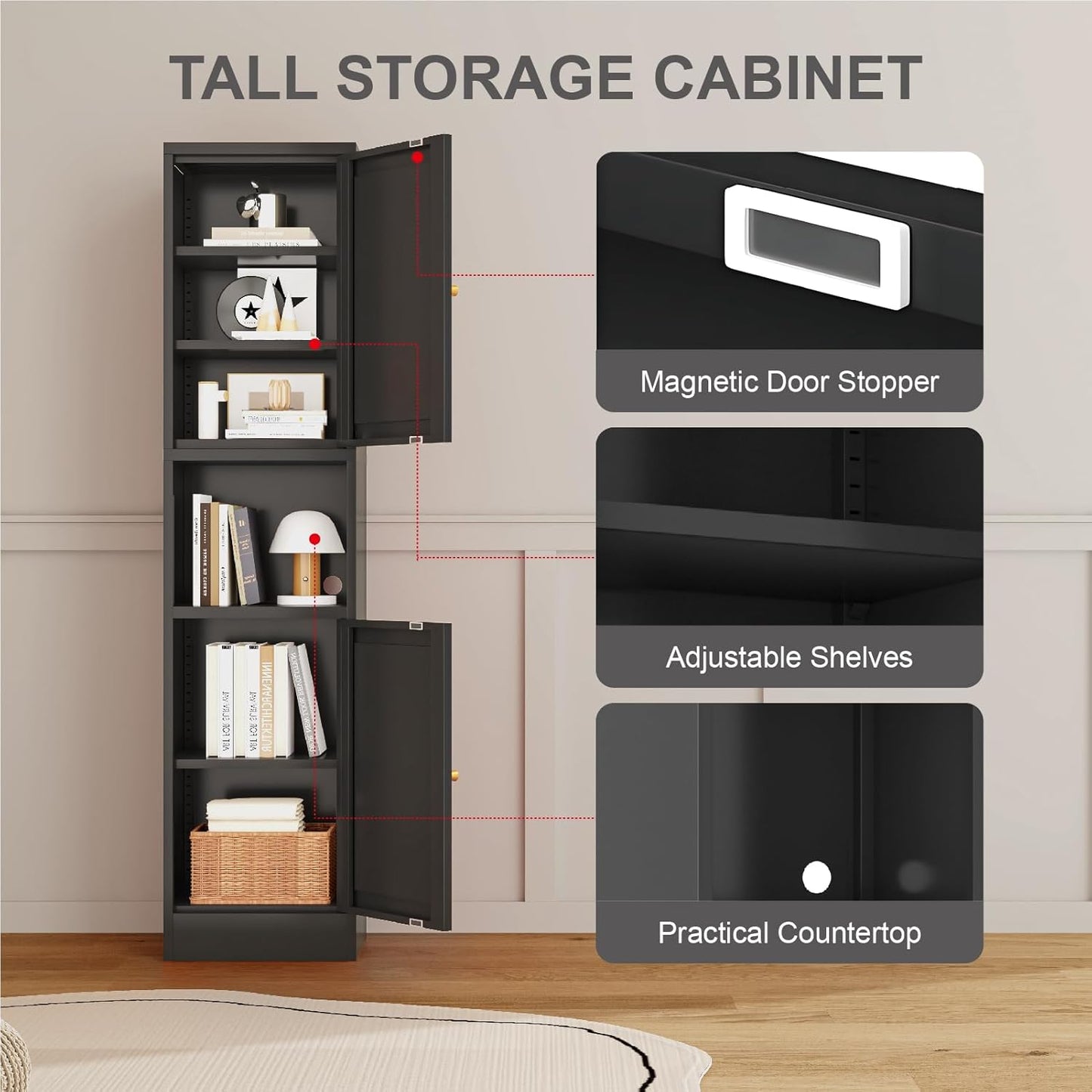 67" Tall Bathroom Storage Cabinet, Narrow Metal Floor Cabinet with 2 Doors and Adjustable Shelves, Freestanding Metal Locker for Laundry, Kitchen, Dining Room