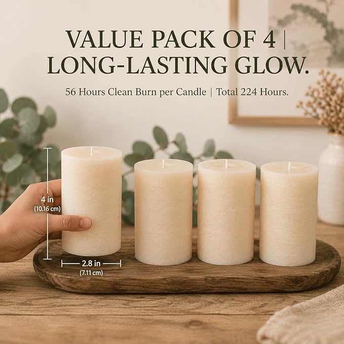 4 Pack Soy White Pillar Candles,Natural Soybean Pillar Candles,55 H Long Lasting Burning-Unscented,Dripless and Smokeless Rustic White Hand-Poured Candles Dinner Table,for Wedding,Home Decor 2.8x4in