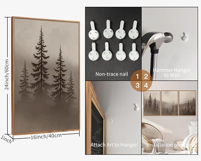 KYLESONLIE Misty Forest Framed Canvas Wall Art Set, Foggy Pine Tree Woodland Wall Decor, Calming Nature Zen Art Paintings, Minimalist Wood Landscape Artwork for Bedroom Living Room Office 16"x24"x3