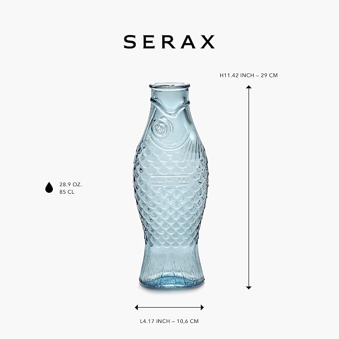 Serax Glass Water Pitcher | Fish & Fish glassware by Paola Navone | Wine Carafe Decanter 28.74 fl oz | Clear Light Blue Bottle Container, hot or cold Drinks | Beverage Dispenser | Suitable as Vase