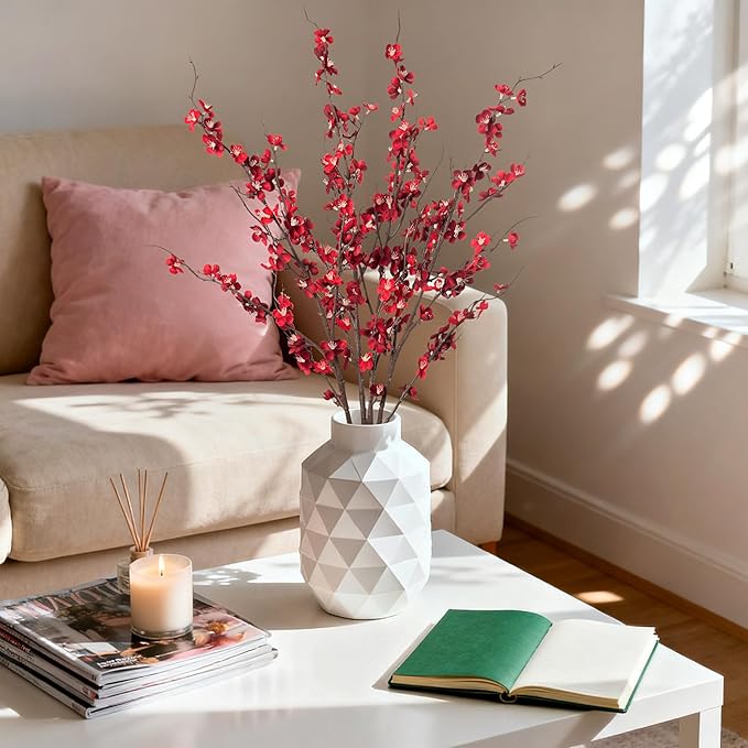 Ammyoo 4Pcs Cherry Blossom Branches Artificial Flowers for Spring Summer Indoor Decoration,Faux Long Stem Artificial Flowers for Wedding Home Office Bedroom Party Table Centerpieces Decor(Red)