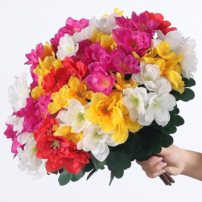 8 Bundles Artificial Flowers for Front Door, Fake Silk Azalea Bouquet Silk Flowers for Outside UV Resistant Realistic Faux Plants for Planter Farmhouse Patio Garden Walkways Home Decor (Mixed Color)