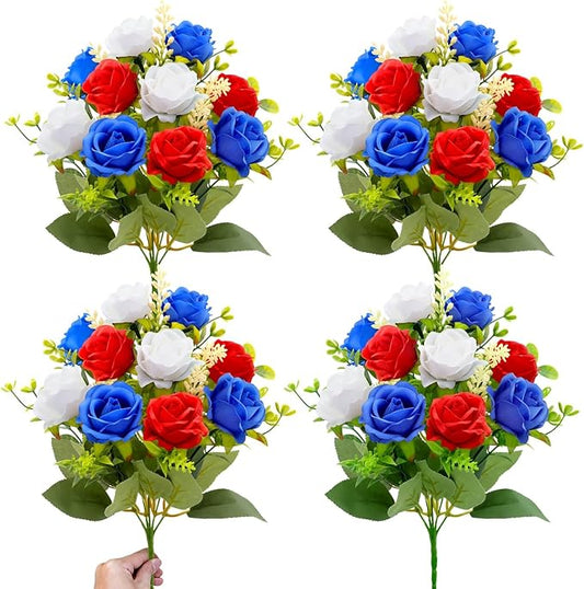 4 Bouquets Artificial Memorial Flowers, Outdoor Grave Decorations, UV Resistant Realistic Fake Silk Roses Patriotic Cemetery Flowers for 4th of July Independence Day Decor Home(Red,White,Blue)