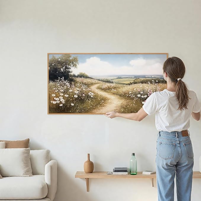 Rantodecor Rustic French Country Framed Canvas Wall Art, Vintage Flower Field Wall Decor, Calming Nature Landscape Art Paintings, Modern Wildflower Artwork for Farmhouse Bedroom Living Room 40"x20"