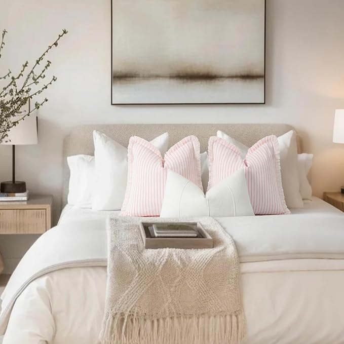 ZWJD Throw Pillow Covers 24x24 Set of 2 Striped Pillow Covers with Fringe Chic Cotton Decorative Pillows Square Cushion Covers for Sofa Couch Bed Living Room Farmhouse Decor, (Pink)
