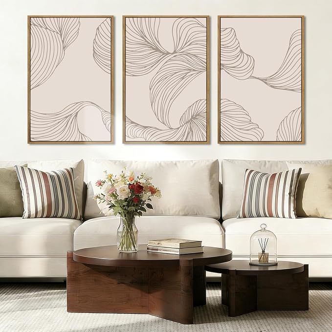 BINCUE Framed Neutral Beige Wall Art Modern Abstract Wall Decor Neutral Minimalist Artwork Modern Beige Wall Paintings Elegant Modern Art Prints for Living Room Bedroom Office 16x24 Inches Set of 3 Gift