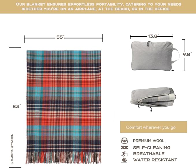 Pure Wool Blanket - Soft Lightweight Breathable Blanket Large 55x83 inches, 1.5 lbs, Wool Fringed Knee Throw Blanket for Couch Bed Outdoor Travel,Tartan-Red Pinstripe
