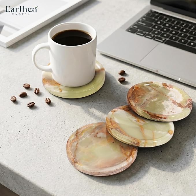 Marble Coasters Set of 4 for Drinks Green Onyx Handmade 4 Inches Stone Drink Coaster for Bar Accessories, Dining Table, Office Desk, Home Decor & Ideal for Gift