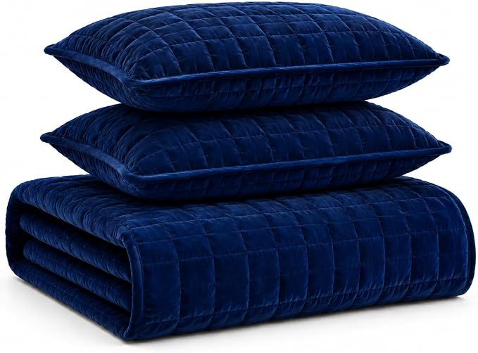 Tribeca Living Luxury Velvet Quilt Queen Size Set - 260GSM Ultra-Soft Oversized Velvet Bedspread Comforter Set with 2 Shams, in Florence Navy Blue