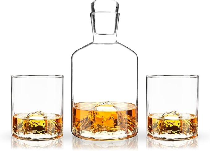 Viski Mountain Decanter and Tumbler Set, Percect for Scotch and Bourbon, Hand-Blown Whiskey Gifts for Men, Set of 3, 24oz Decanter, 9oz Tumblers