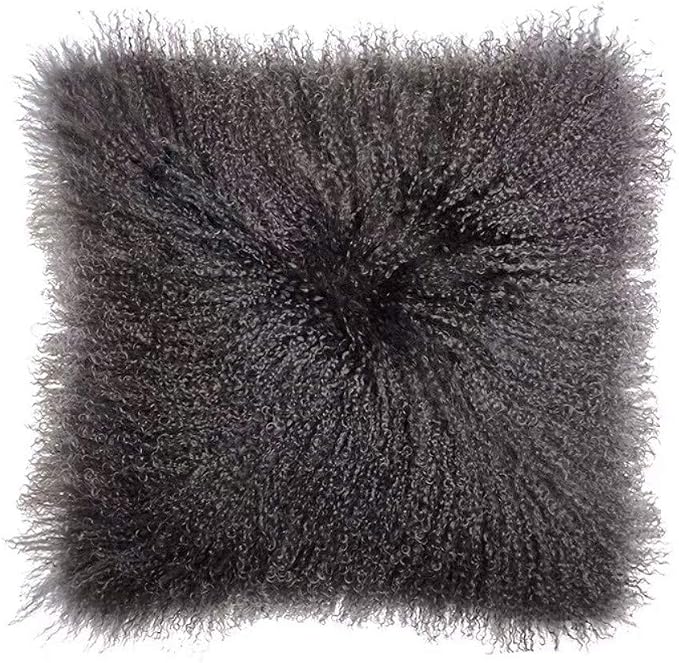 Real 100% Tibetan Mongolian Lamb Sheepskin Wool Fur Throw Pillow Covers Super Soft Plush Leather Accent Pillowcases Decorative Cushion Cover (Dark Gray, 18x18inch)