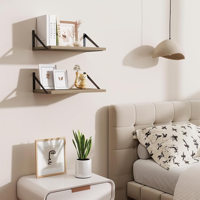 Acovy Floating Shelves for Wall,18" Wall Mounted Shelves Set of 2,Wood Floating Shelf with Bracket,Sturdy Metal Bracket Bookshelves Home Decor Storage for Living Room,Bedroom,Bathroom,Kitchen,Grey