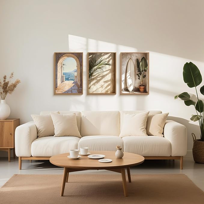 Ausril French Landscape Framed Canvas Wall Art Set, Ocean Coastal Style Wall Decor, Palm Tree Surfboard Wall Painting, Ocean Seascape Art Prints for Living Room, Bedroom, 24×36inches