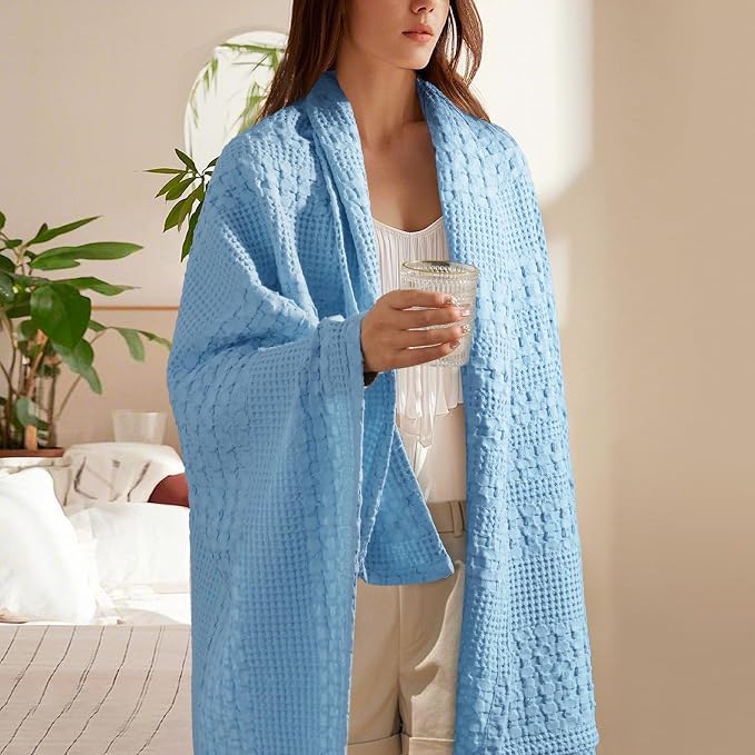PHF 100% Cotton Waffle Throw Blanket for Couch, Lightweight Breathable and Soft for Summer, Luxury Aesthetic Waffle Weave Blanket for Home Decor & Office, Gifts for Women, 50"x60", Airy Blue