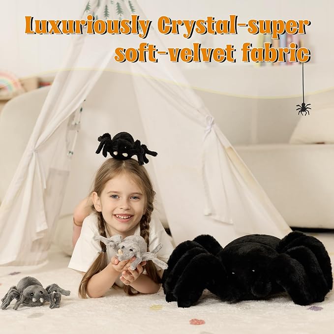 MorisMos 4Pcs Large Spider Plush, 16 Inch Mommy Spider Stuffed Animals with 3 Baby, Soft Cuddly Pillow Plush Gifts for Kids Boys Girls, Black