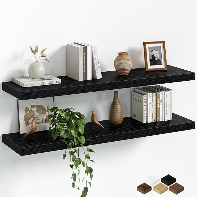 Fun Memories Floating Shelves for Wall, 36 Inch Long Set of 2 Rustic Wood Wall Shelves with Invisible Brackets, Heavy Duty Storage Display for Living Room Bedroom Kitchen, Black