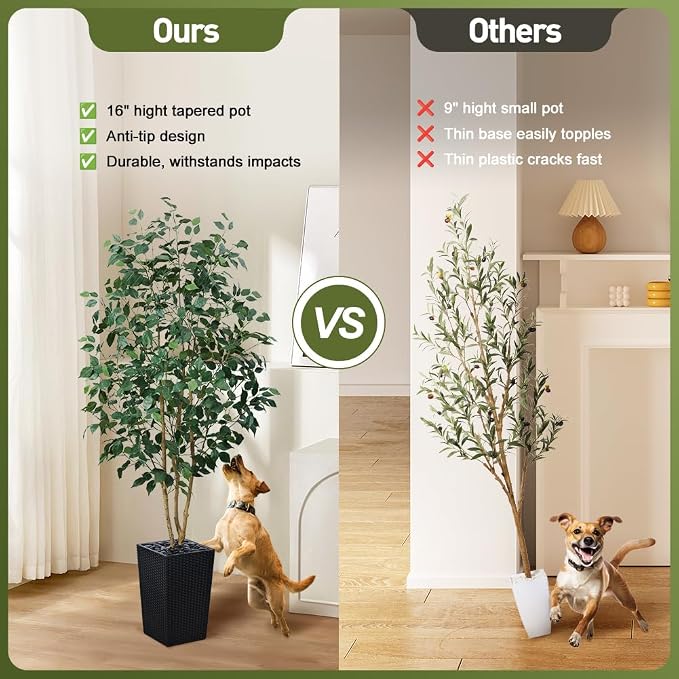 VeriNatural 6ft Artificial Ficus Tree,Tall Faux Tree with Silk Leaves & Real Wood Trunk,UV Resistant Potted Fake Plant with Pebbles & Planter-Indoor Outdoor Floor Plant for Home Living Room,VN129