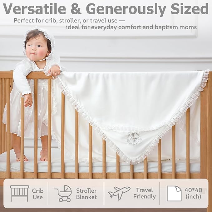 Tencel Baptism Baby Blanket – Lyocell Christening Blanket with Pleated Edge and “Be Blessed” Cross Embroidery, 39.4×39.4 in, Soft Heirloom Religious Gift for Boys & Girls