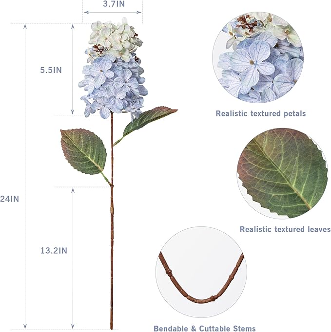 Ttranewsoo Hydrangea Artificial Flowers,Fall Hydrangeas Artificial Flowers,Blue Fake Fall Dried Hydrangea Flowers Decoration,Faux Silk Flower with Stems Winter Decor(Blue 24" 8pcs) Without Vase