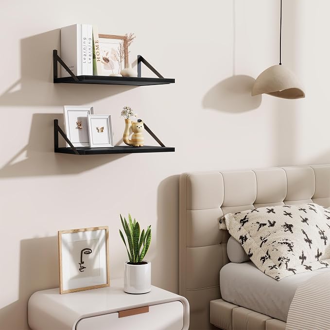 Acovy Floating Shelves for Wall,18" Wall Mounted Shelves Set of 2,Wood Floating Shelf with Bracket,Sturdy Metal Bracket Bookshelves Home Decor Storage for Living Room,Bedroom,Bathroom,Kitchen,Black