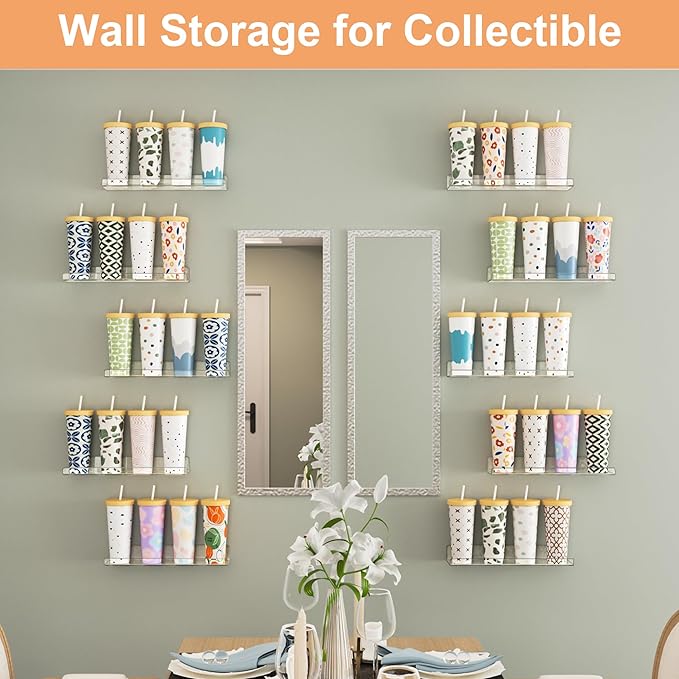 upsimples 10 Pack Acrylic Shelves Wall Organizer and Storage, 15" Display Shelf for Figure, Toy Cars, Perfume, Kids Bookshelf for Bedroom, Nursery, Craft Room, Clear