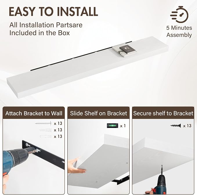 Acovy 72 Inch Floating Shelves, 12" Deep Floating Shelf Wall Mounted, 72" Wall Shelves, Rustic Deep Bookshelf, Extra Deeper & Thicker Display Shelves for Bedroom, Living Room, White, Set of 1