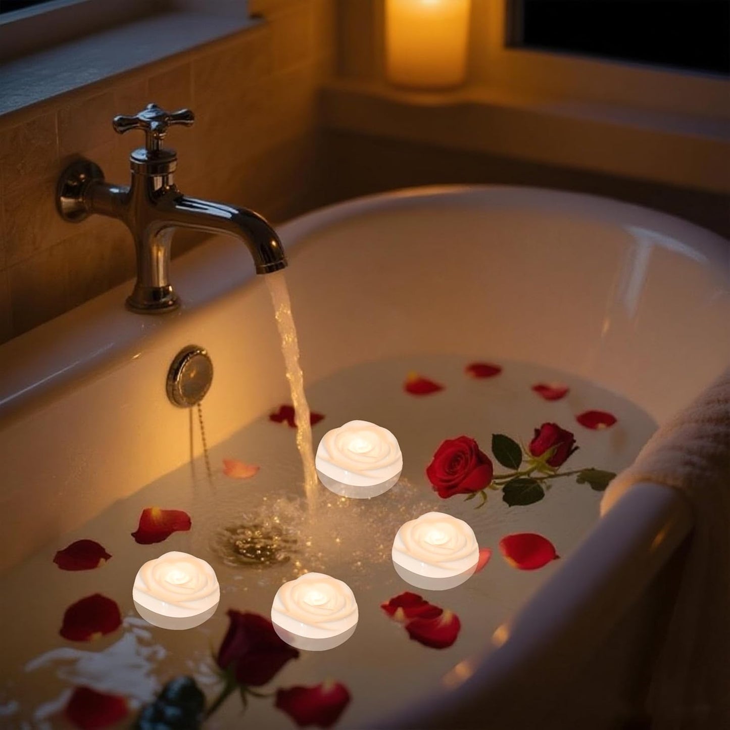 Aignis 6pcs Flameless LED Floating Candles, White Rose Plastic Tealights Battery Operated, 120+ Hours Glow Time, Cozy Light for Romantic Pool/Bathtub/Hot Bath/Wedding Centerpiece Decor(D2.83*H1.42)