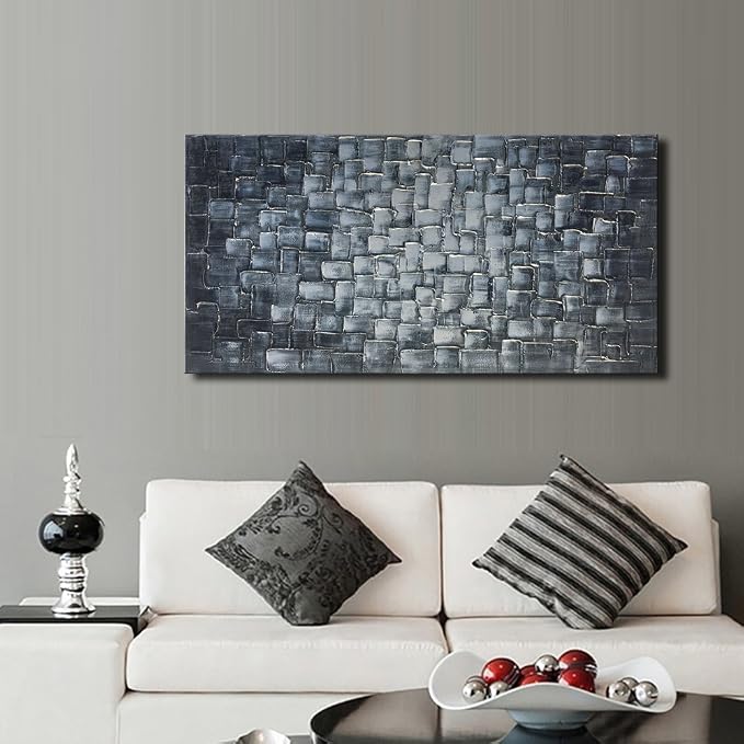 MyArton Textured Abstract Squares Canvas Wall Art Hand Painted Modern Silver Oil Painting for Decoration Ready to Hang 48x24inch