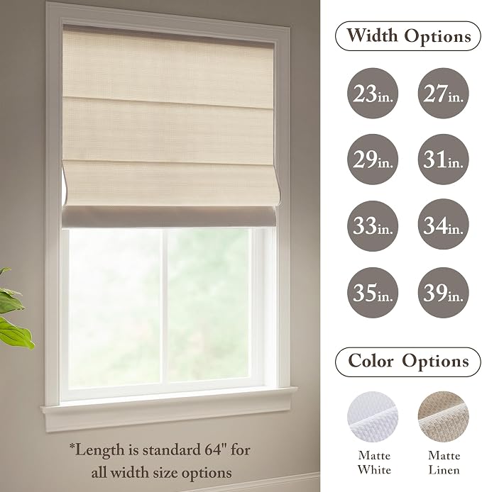 Madison Park Galen Matte Linen Cordless Roman Shades - Fabric Privacy Single Panel Darkening, Energy Efficient, Thermal Insulated Window Blind Treatment, for Home, Living Room Decor, 39" W x 64" H