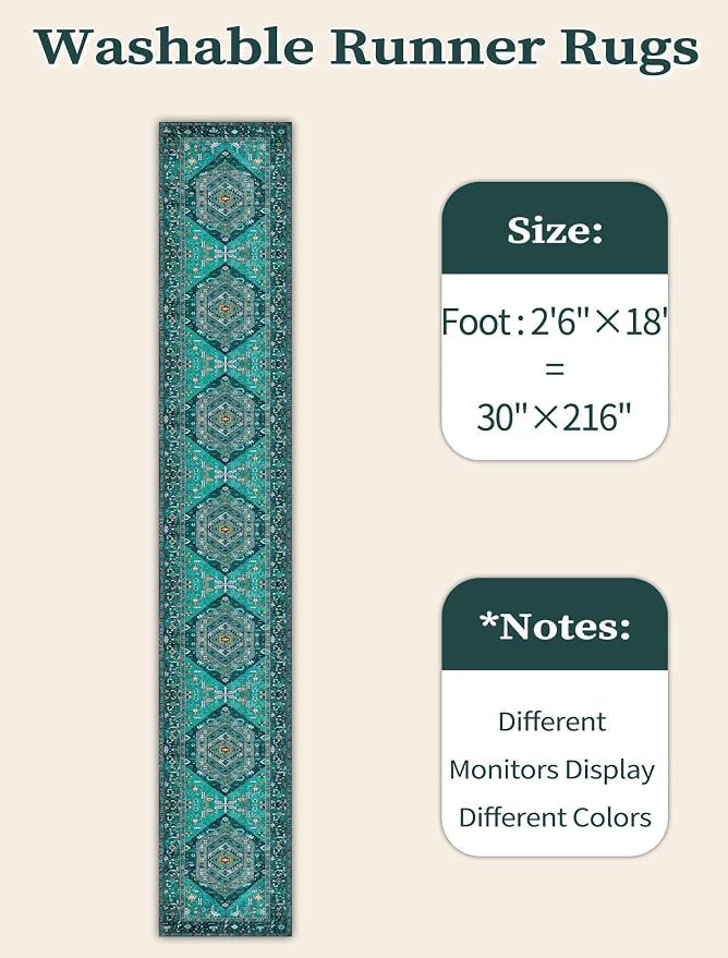 SERISSA Runner Rug for Hallways, 2'6"x18' Washable Non Slip Kitchen Runner Rug, Extra Long Boho Rug Ultra Soft Vintage Teal Print Floor Carpet for Bedroom Hallway Entryway Bathroom Laundry Room