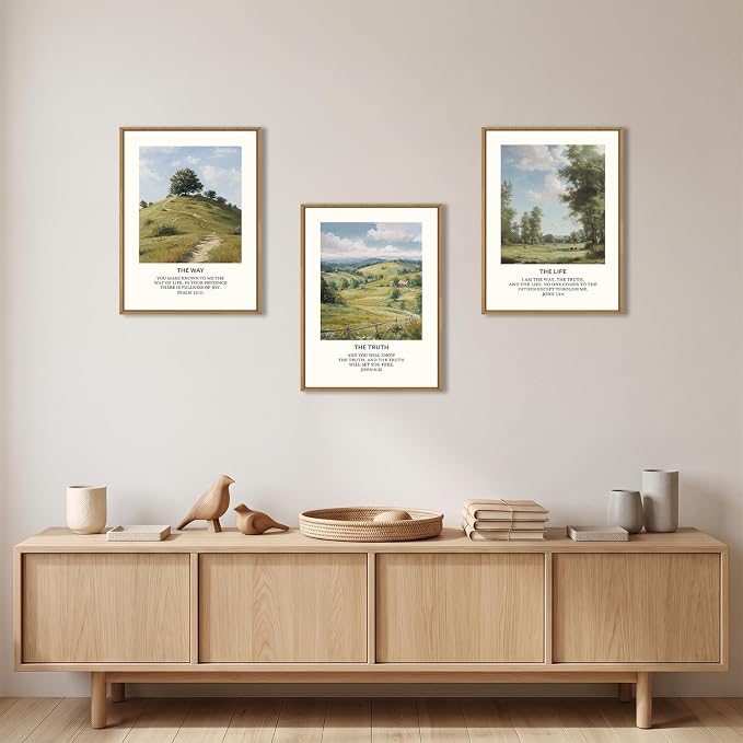 Christian Bible Framed Canvas Wall Art Set,Jesus Verse Vintage Wall Decor,Nature Scripture Landspaces Art Prints,Religious Artwork for Living Room,Dining Room,Farmhouse-12 x16 x3