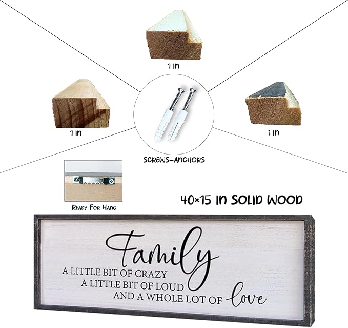 Family A Little Bit Of Crazy Sign Wall Decor 40"×15" Rustic Farmhouse Living Room Large Soild Wood Framed Hallway Hanging Sign Aesthetic Inspirational Quotes Entryway Home Wall Art (Black)