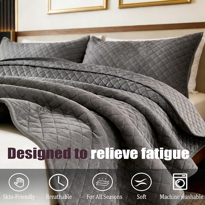Velvet California King Quilt Size Set 106x118 Luxury Soft Bedspread Coverlet 3-Piece King Comforter Sets with 2 Pillow Shams 20x36 Super Cozy for All Seasons Velvet Bedding Set, Gray
