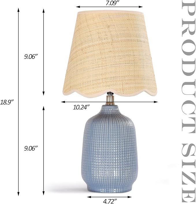 Pia Ricco Set of 2 19" Modern Ceramic Table Lamp for Living Room Gray Blue Base Desk Lamps for Bedroom Farmhouse Bedside Nightstand Lamp End Table Lamps,Bule,Rattan Shade