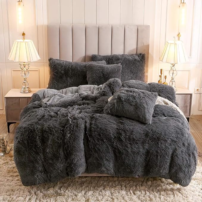 Faux Fur Velvet Fluffy Bedding Duvet Cover Set Down Comforter Quilt Cover with Pillow Sham, Ultra Soft Warm (Twin, Dark Gray)