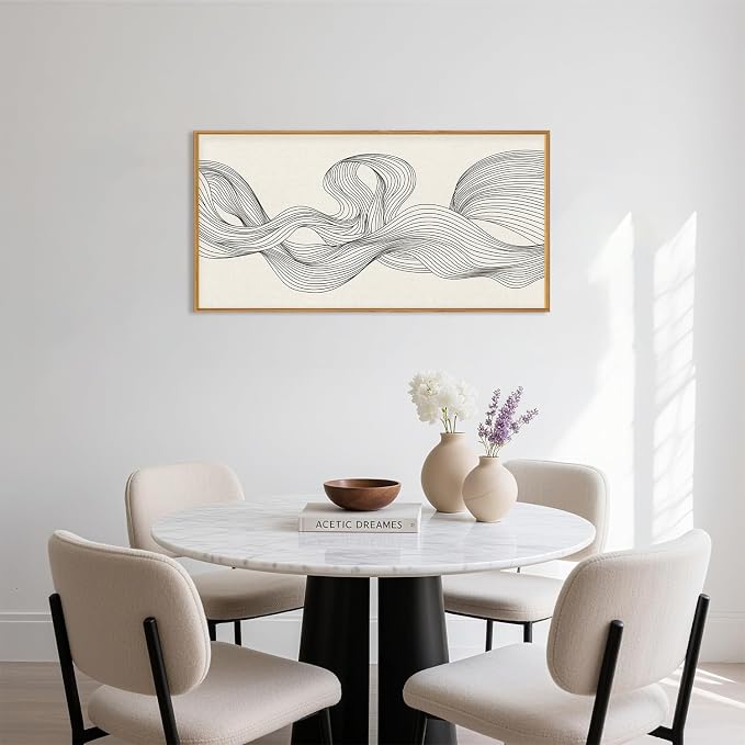 HPNIUB Large Neutral Abstract Framed Canvas Wall Art,Textured Beige Minimalist Wall Decor,Black Line Wave Art Prints,Boho Modern Geometric Artwork for Living Room, Bedroom, Office -20"x40"