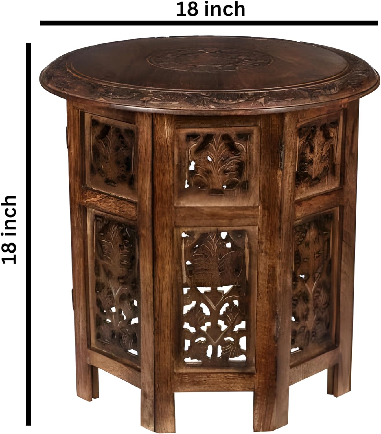 Lightnpro Handcrafted Wooden Round Accent Table - Vintage Farmhouse Octagonal Side End Table with Intricate Carvings for Living Room, Bedroom, Entryway - 18x18 Inch - Burnt