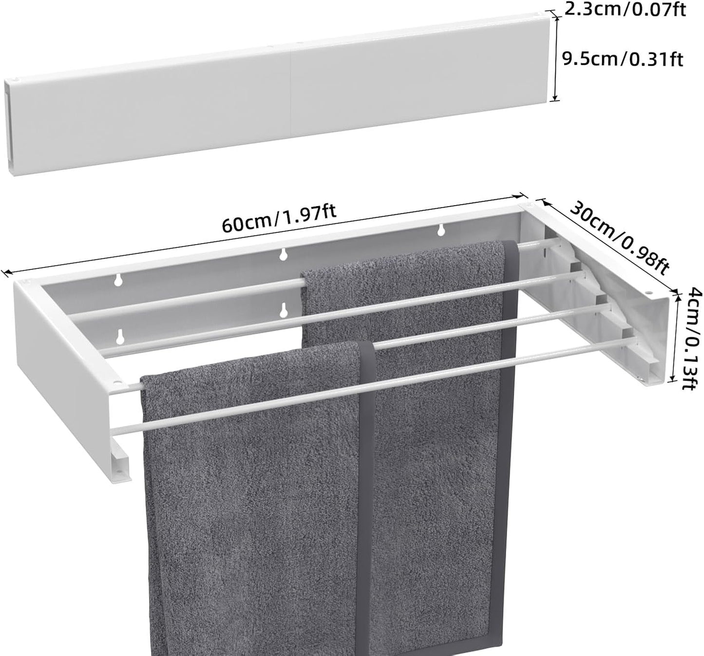 Wall Mounted Drying Rack for Laundry 23.6'', Folding Drying Rack Clothing Wall Mount with 4 Rods, Space Saving for Indoor Outdoor Bathroom Balcony (White, 23.6'')