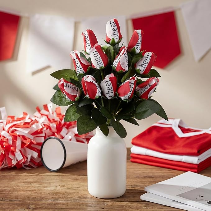 Suhine 12 Pcs Red Cheer Gifts Cheerleader Cheerleading Artificial Rose Flowers Gifts Bulk for Women Cheer Team Sport Game Day Birthday Graduation Party Decorations Favors (Red White, Normal)