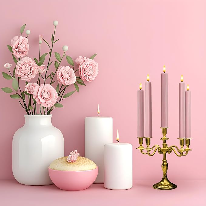 6 Pack, 10" LED Flameless Real Wax Dusty Rose Fluted Ribbed Grooved Taper Candles, Remote & 24h Timer Memory, On/Off Button, Dimmable, Flicker Mode, Battery Operated, Wedding