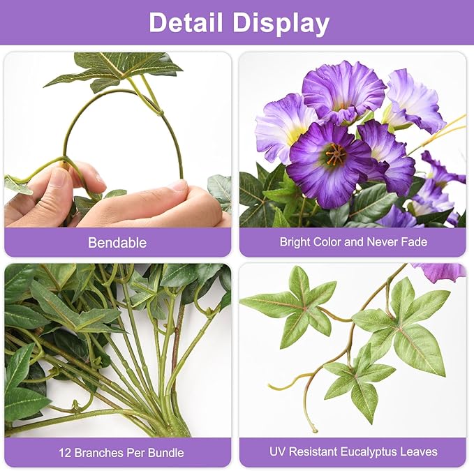 Artificial Fake Flowers Hanging Plants for Outdoor Spring Summer Decor, 2Pcs Faux Petunias Realistic Flowers Silk Morning Glory UV Resistant No Fade for Home Outside Garden Patio Yard Porch(Purple)