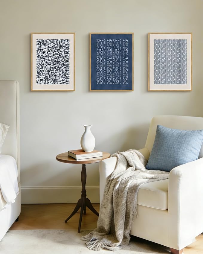 PHOPAGO Neutral Abstract Framed Wall Art Bohemain Blue Mid-Century Wall Decor Modern Blue Mid-Century Geometric Art Paints for Kitchen Dining Room - 11x14in Natural Framed