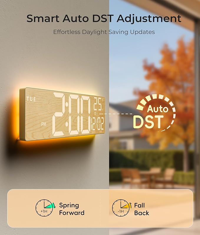 EASYERA 16.5" Large Digital Wall Clock with BT Sync, Wood Grain Clock with 11 RGB Light Scenes, Remote Control, Dual Alarms with Big LED Display, Auto DST, Temperature for Classroom Gaming