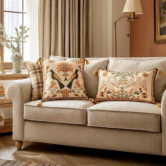 bilin gaier Designer French Linen Throw Pillow Cover,20"x12"-Seville A | Vintage Elegant Rectangular Pillow Cover,Concealed Zipper,Floral and Bird Pattern,Sofas,Bedroom,Living Room,Chairs