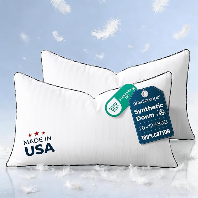 Phantoscope Synthetic Down Pillow Insert - 12x20 Down Alternative, Ultra Soft Large Rectangle Throw Pillow with 100% Cotton for Couch Sham, Bed Sleeping (White, Set of 2)