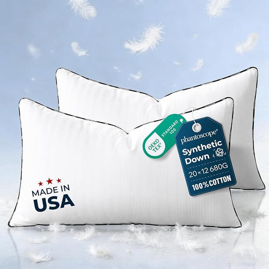 Phantoscope Synthetic Down Pillow Insert - 12x20 Down Alternative, Ultra Soft Large Rectangle Throw Pillow with 100% Cotton for Couch Sham, Bed Sleeping (White, Set of 2)