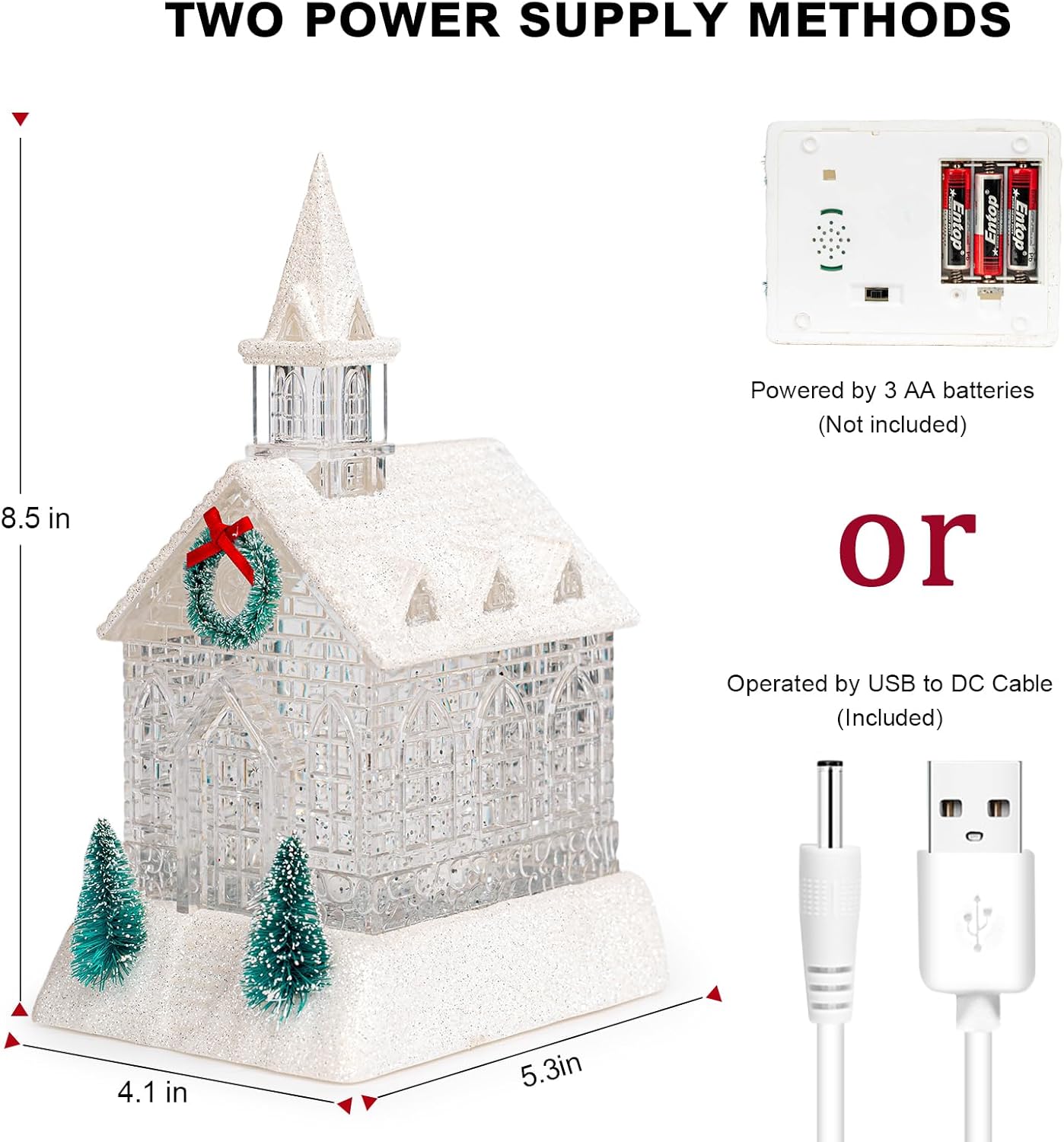 Christmas Lighted Church Water Lantern Snow Globe with Evergreens and Wreath， USB Lined/Battery Operated Lighted Lantern for Christmas Festival Decoration Gifts