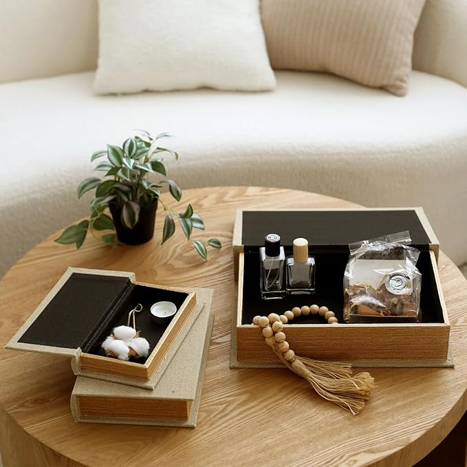 DECOR4SEASON Decorative Book Boxes Set of 3 – Modern Faux Linen & Wood Hidden Storage for Coffee Table – Stackable Fake Books for Shelf Decor, Remote Control & Jewelry Organizer (Warm Taupe)